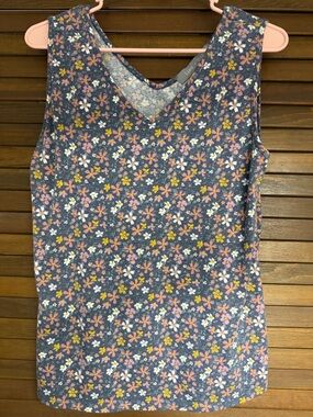 Women's Floral V-Neck Tank Top in Navy with Pink & Yellow Flowers